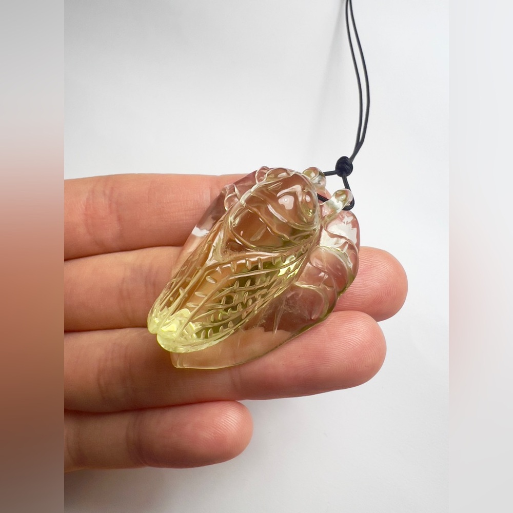 Citrine Quartz Cicada Pendant Necklace Hand Carved Crystal Vintage Jewelry